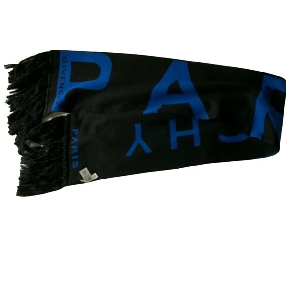 Givenchy Logo Fringe Trim Cotton Football Scarf black and blue - Picture 2 of 9